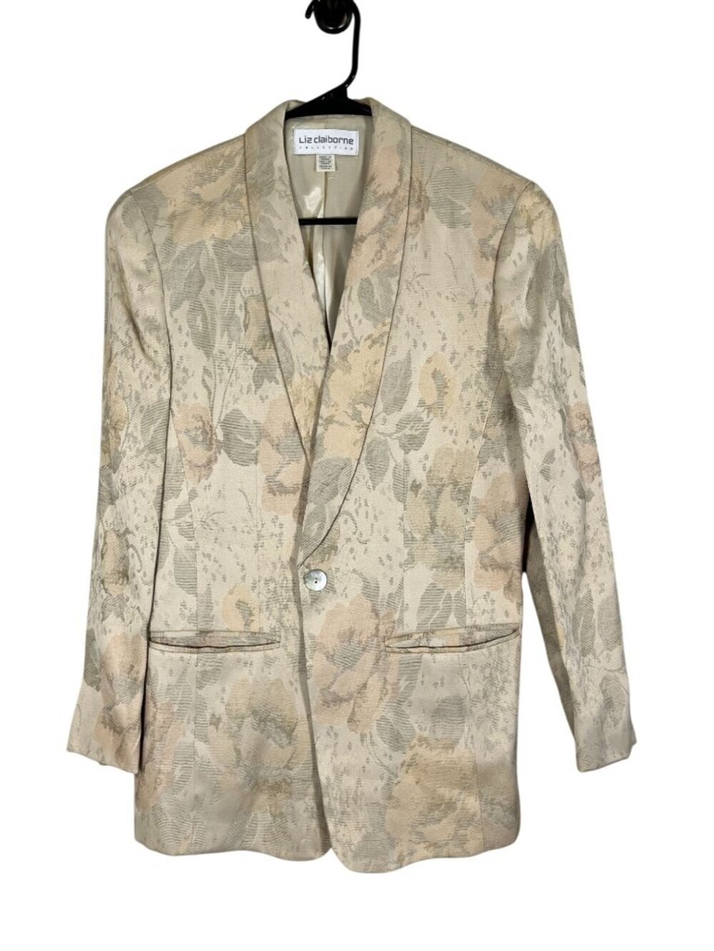 Retro Floral Metallic Blazer Tan 6 Work Wear Neutral Classic Chic Boho Western